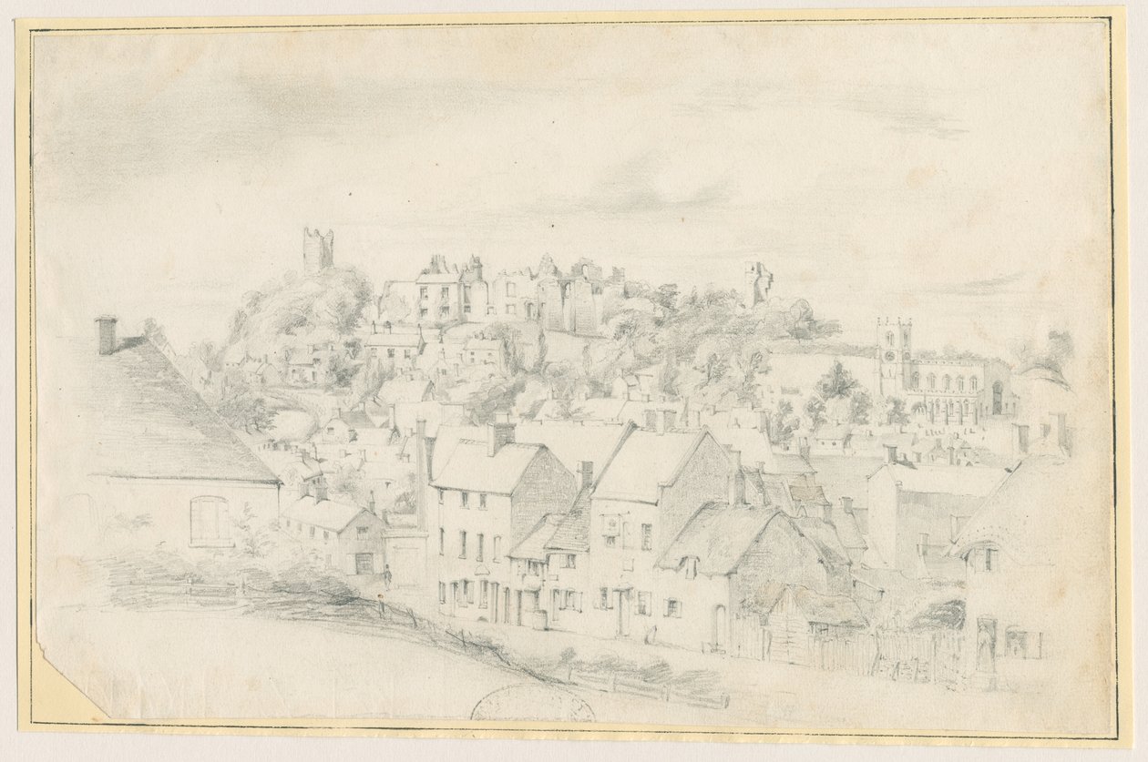 Tutbury - By, Kirke og Slot: blyantstegning, nd [?1800-tallet] (tegning) af School English