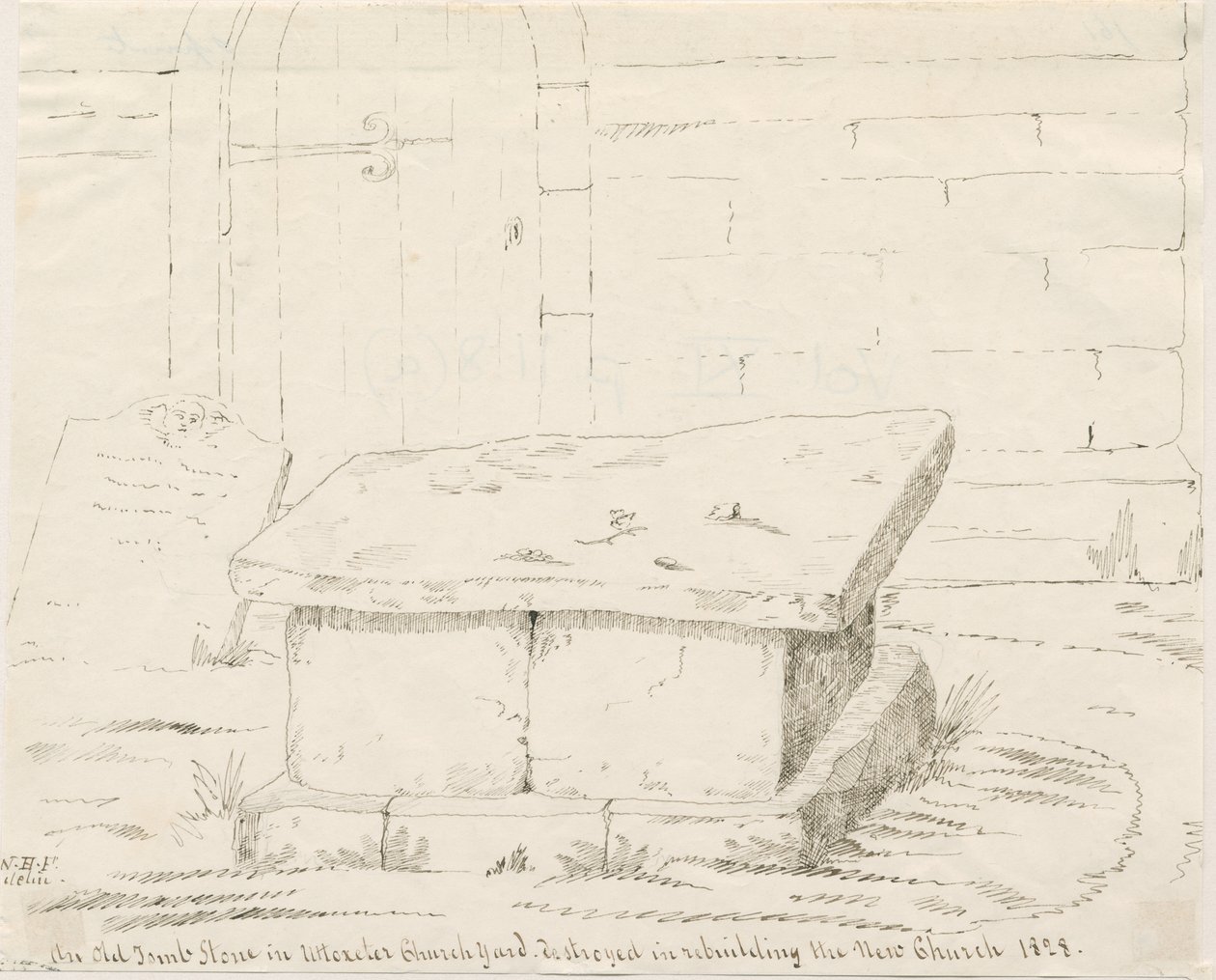 Uttoxeter Church - Old Tomb Stone: pen- og blæktegning, nd [midten af 1800-tallet] (tegning) af School English