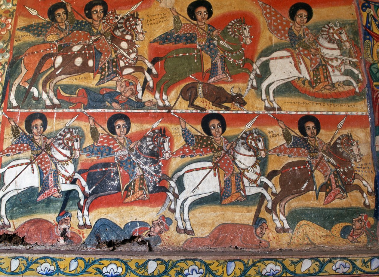 Riddere med lanser, malerier i Ura Kidane Meret-klosteret (1600-tallet), Greater Bahar Dar, Zege-halvøen, Etiopien, Detail af School Ethiopian