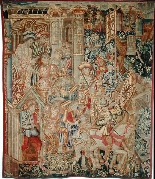 Kejser Titus Vespasianus (9-79 e.Kr.) beordrer sin søn Titus (38-91 e.Kr.) til at vende tilbage til Jerusalem (gobelin) af School Flemish