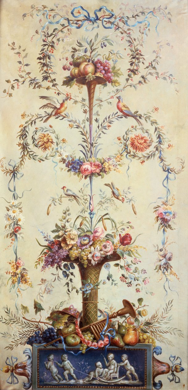 En trompet af blomster og frugt dekoreret med blomsterkranser (akvarel) af School French