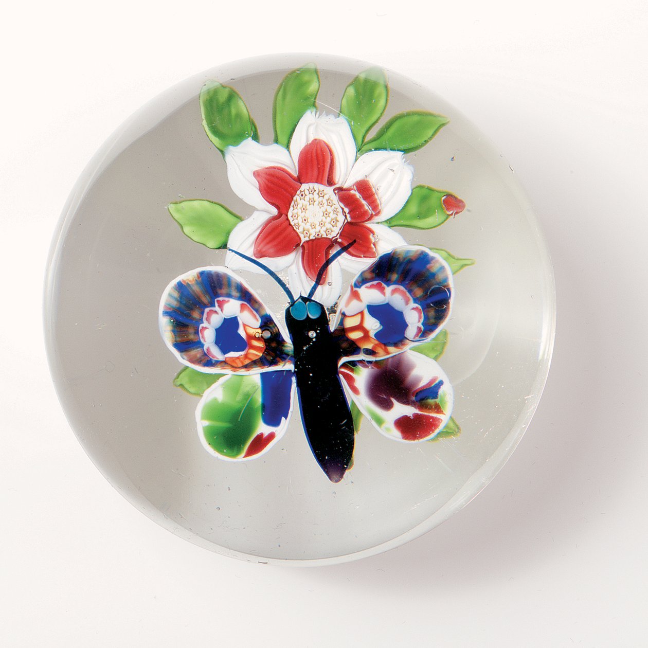 Baccarat sommerfugl og blomstervægt, insektet med dyb lilla krop og antenner, flerfarvede vinger (glas) af School French