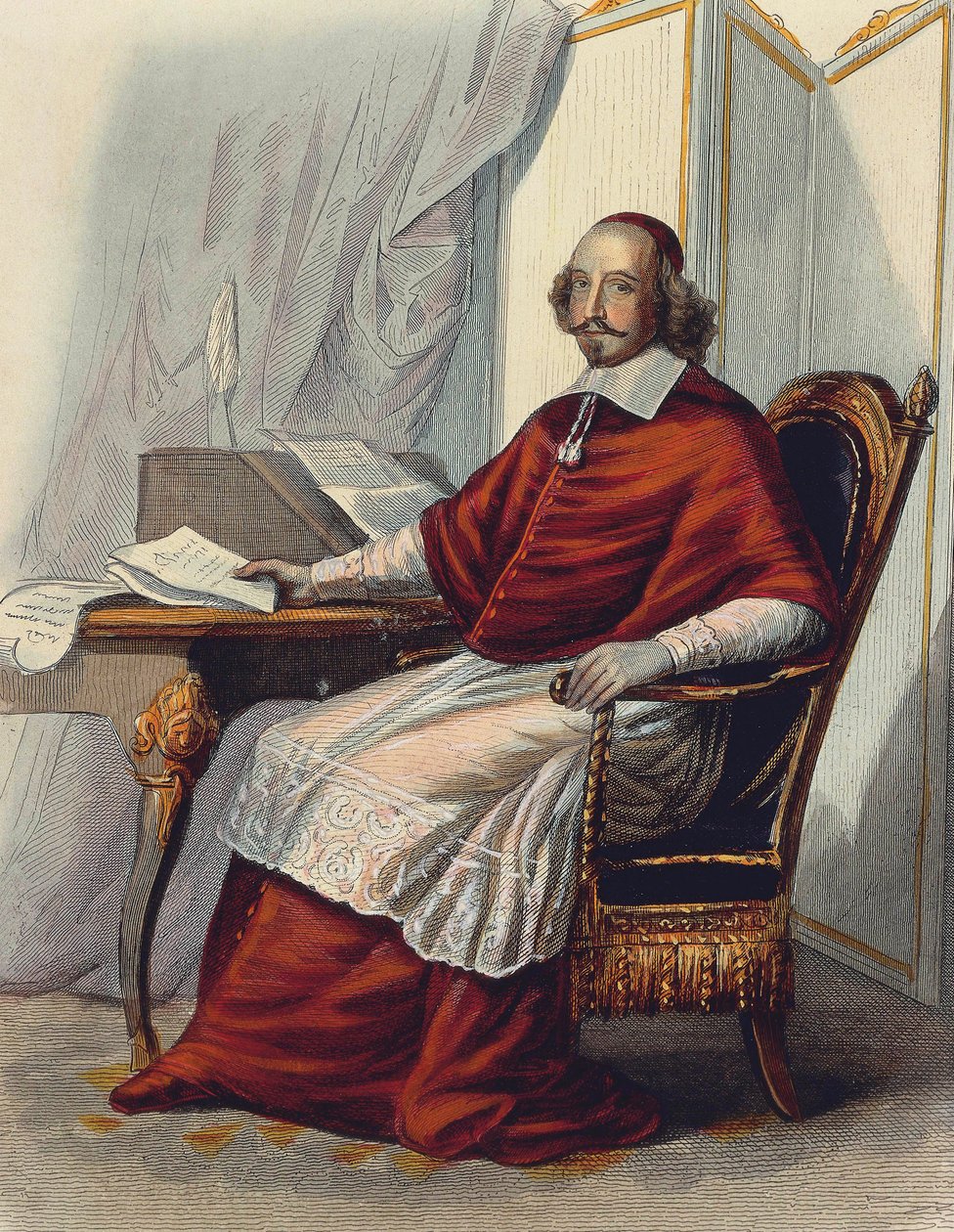 Kardinal Jules Mazarin (Giulio Mazzarini) (farvegravering) af School French