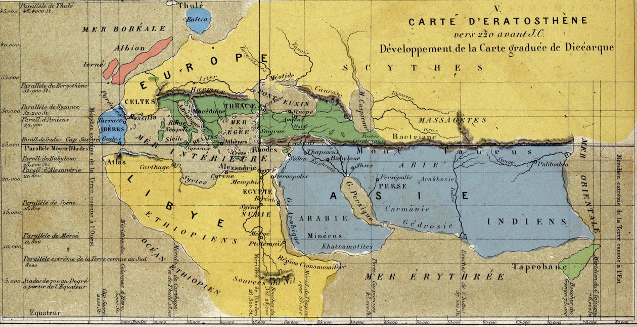 Kort over Eratosthenes, græsk astronom, geograf fra det 3. århundrede f.Kr. JC. 220 f.Kr. JC af School French