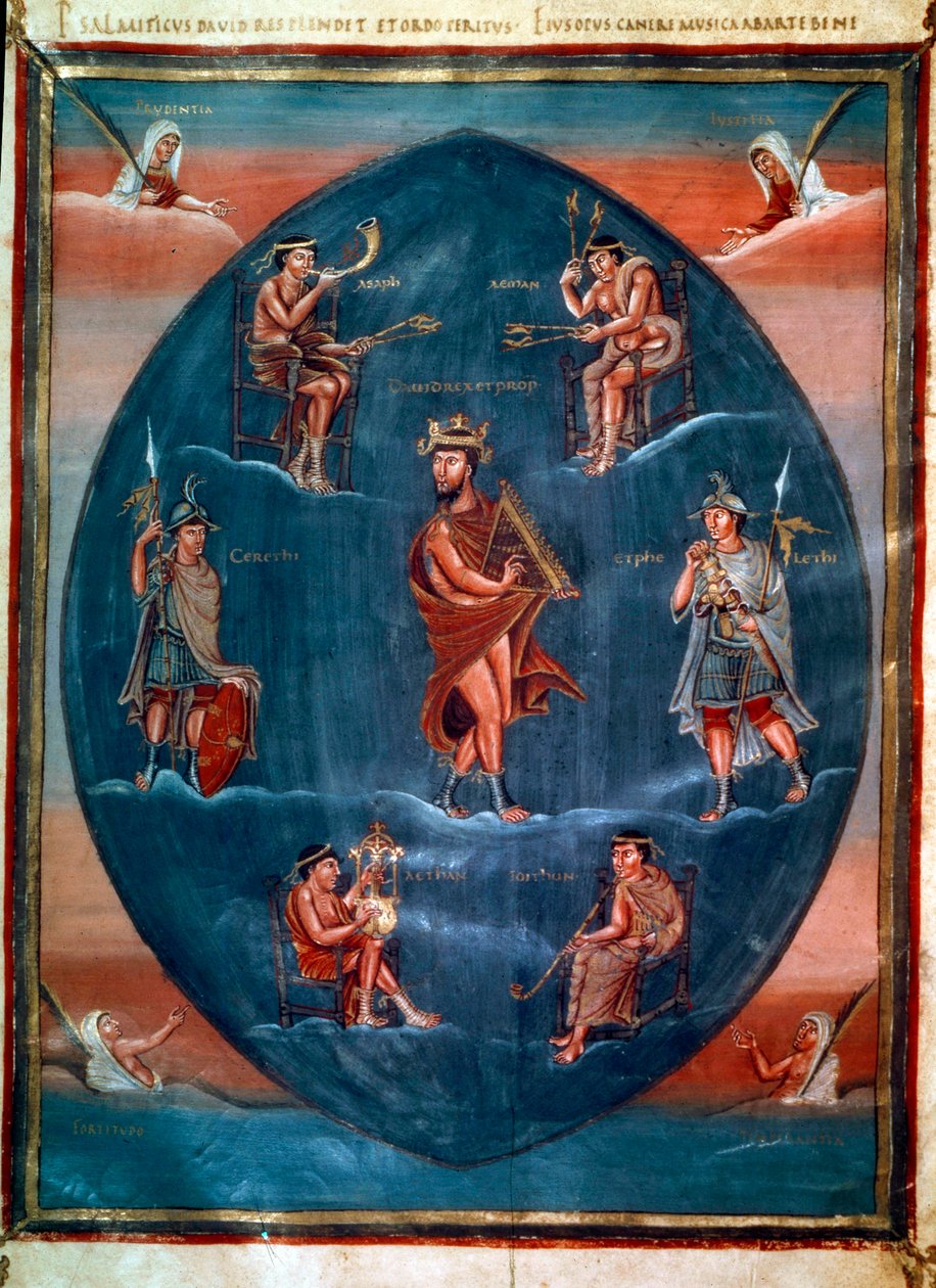David spiller på harpe, omgivet af fire musikere, to vagter og fire kardinaldyder. Miniature i "" Første bibel af Karl den Skaldede, også kendt som Vivians bibel"" (Folio 215v). Anonym, Frankrig, Tours (Saint-Martin). BN, Paris af School French