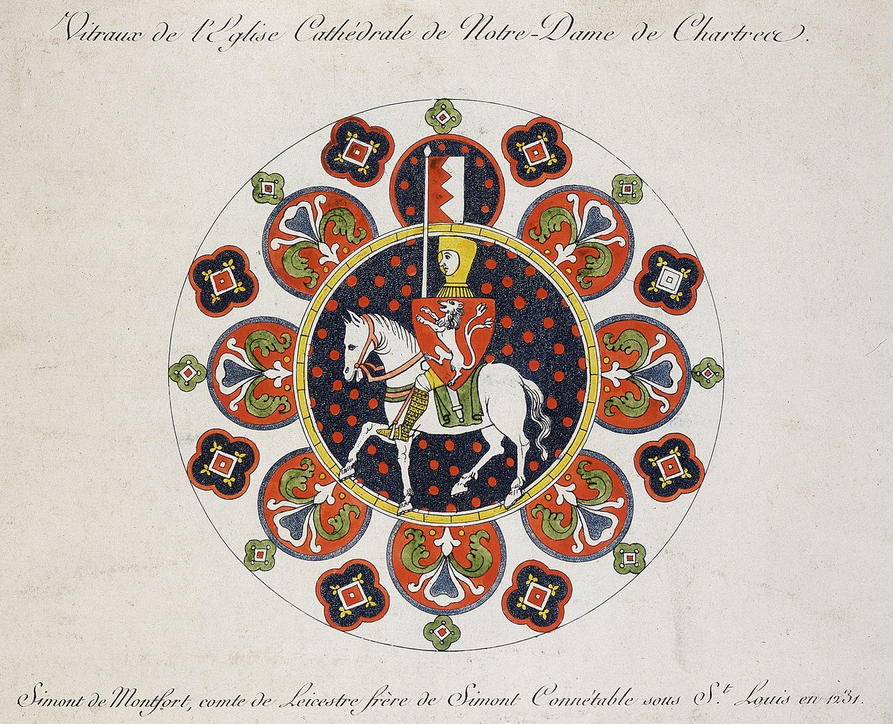 Tegning af rosenvinduet i Chartres: Simon de Montfort (farve litho) af School French