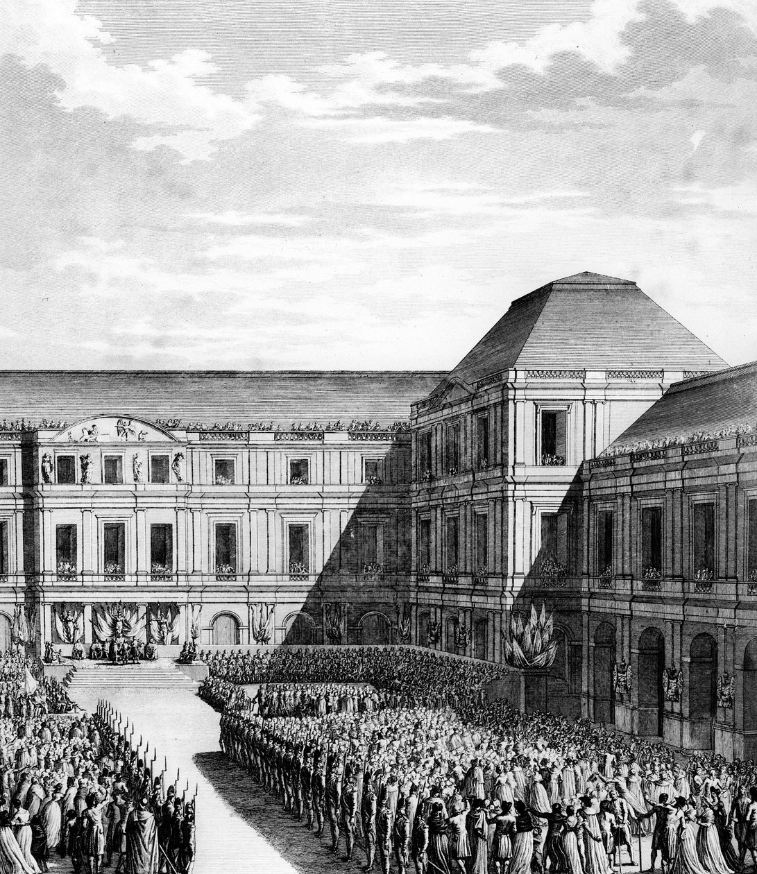 Fete givet af Napoleon I Bonaparte (1769-1821) i National Palace of the Directory (Palace of Luxembourg) i Paris efter handelen med Campo Formio den 20. fredag ​​An VI (10. december 1797). Paris, bibliotek for Institut for Revolutionshistorie af School French