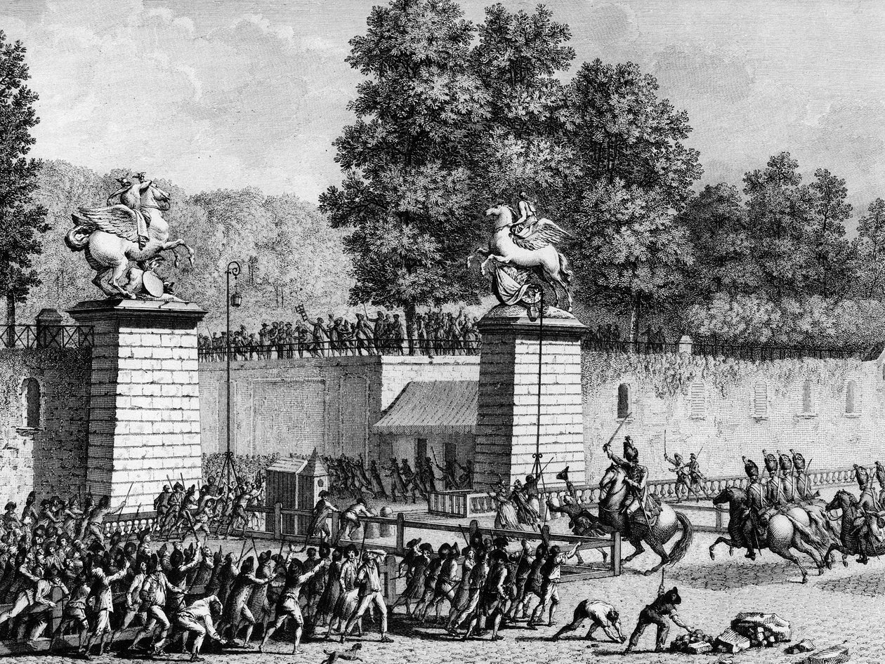 Første af den franske revolution: Monsieur Charles Eugene de Lorraine, prins af Lambesc (1754-1825) gik ind i Tuilerierne med en afdeling af kongelig tysk den 12. juli 1789 for at undertrykke de første revolutionære. Paris, Bibliotek for Institut for Histo af School French
