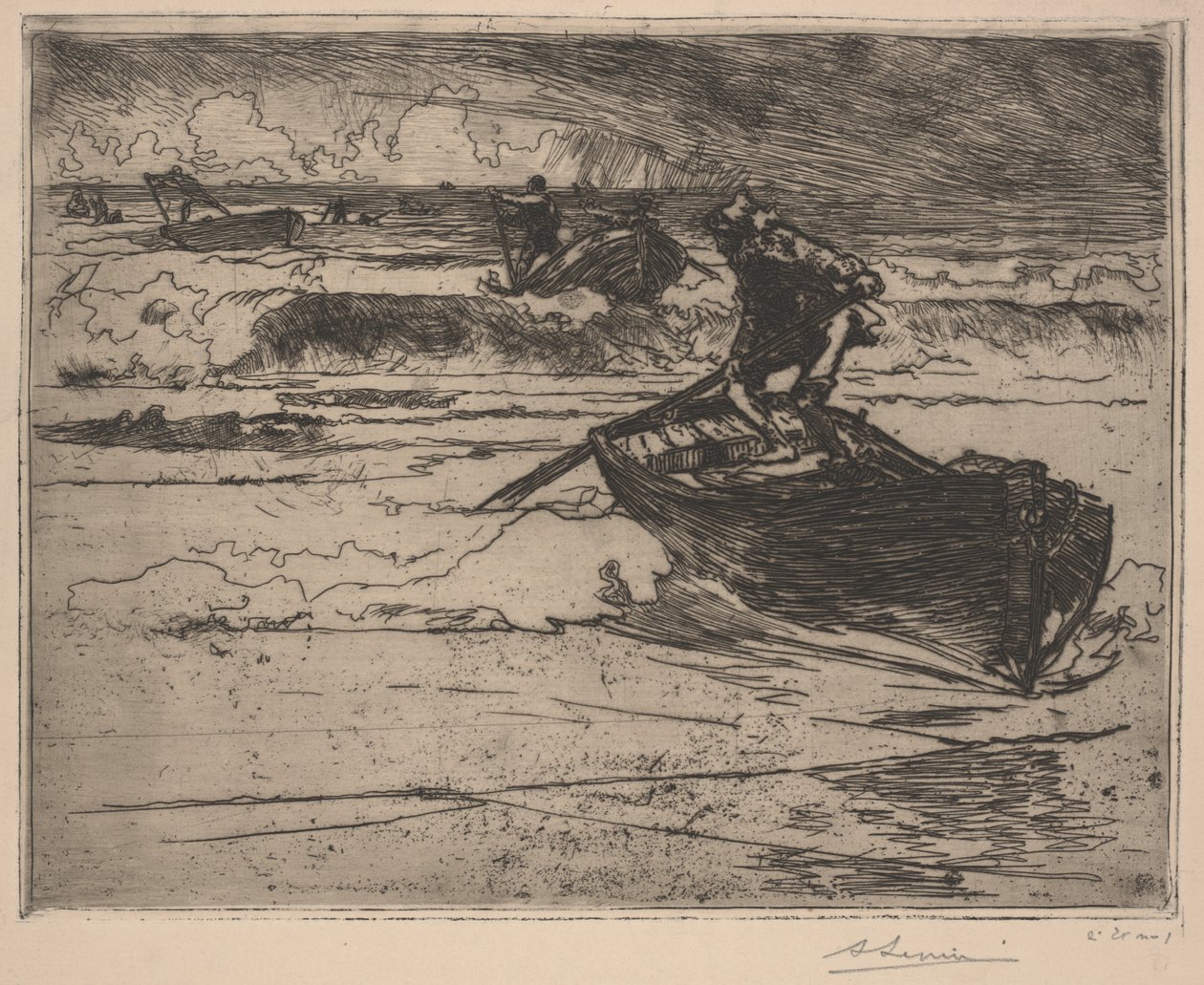 Fishermen fleeing the storm (etching) af School French