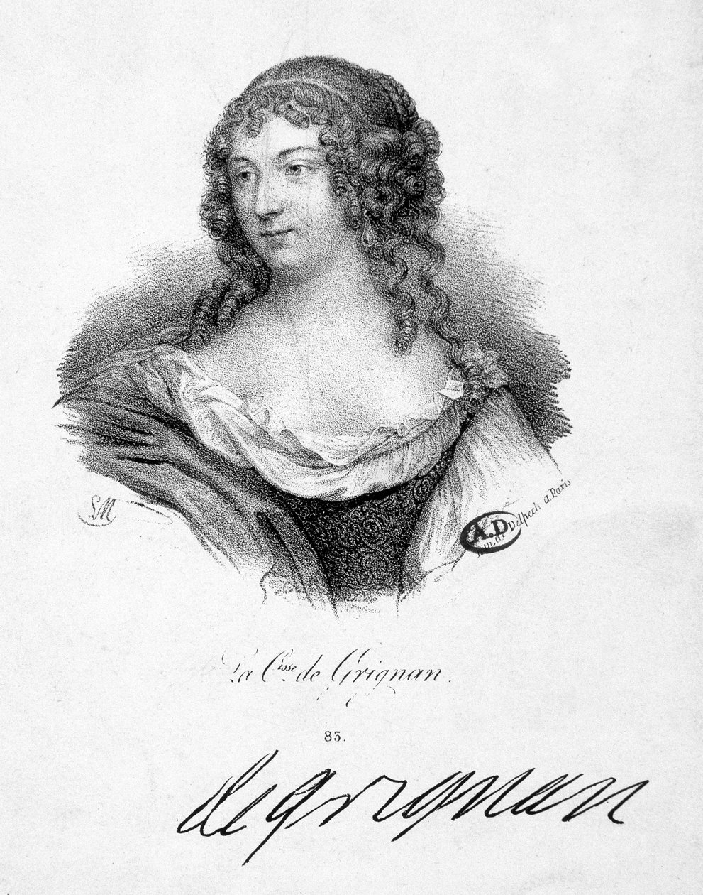 Francoise Marguerite de Sevigne, grevinde af Grignan (1648-1705), datter af Marie de Rabutin-Chantal (Rabutin Chantal), markis af Sevigne dit Madame de Sevigne (1626-1696) - stik, n.d. af School French