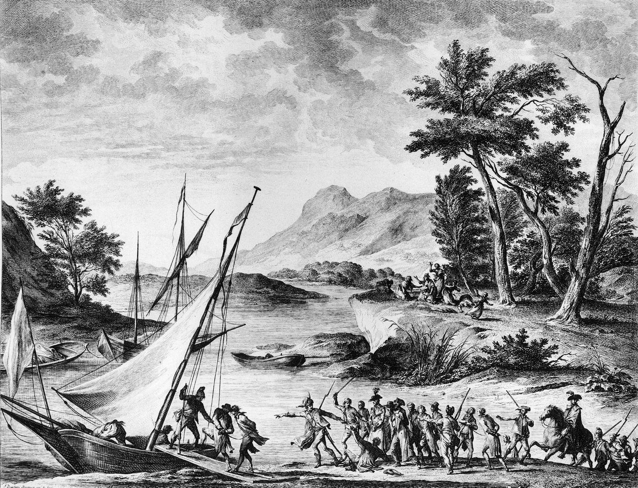 Fransk revolution: Anholdelse af de franske ambassadører Charles Louis Huguet de Semonville (1759-1839) og Hugues Bernard Maret (1763-1839) i Novate den 25. juli 1793. Gravering og tegning af Duplesi - Bertaux. Paris, biblioteket ved Institut for Historie  af School French