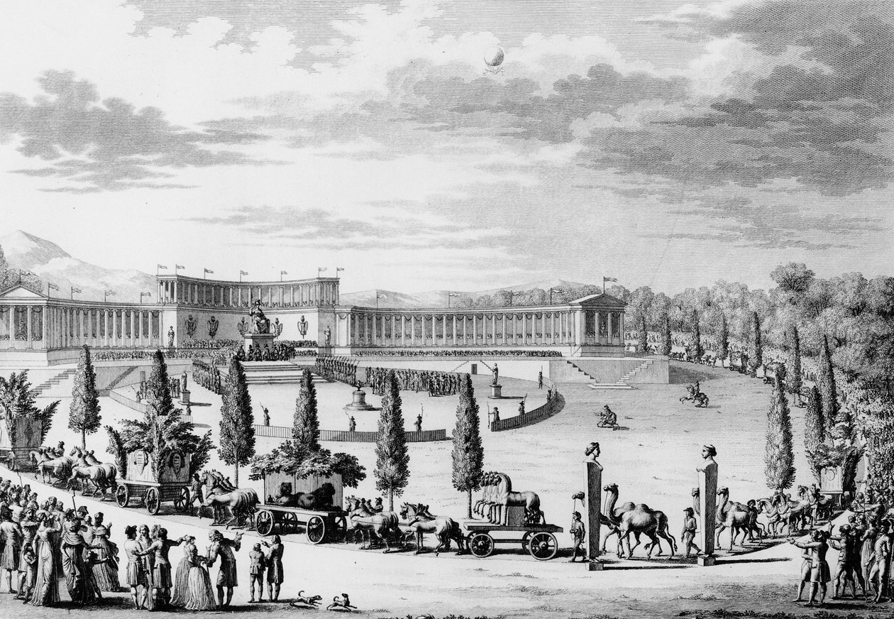 Fransk revolution: Fest i anledning af den triumferende indgang til monumenterne for videnskab og kunst i Frankrig den 9. og 10. Thermidor An VI (28. juli 1798) under ordre fra konsul Napoleon Bonaparte (1769-1821) (plyndringskampagne) . Paris, af School French