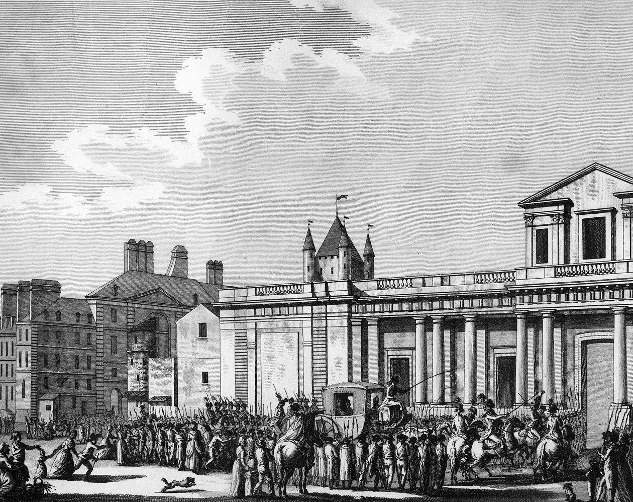 Fransk revolution: Overførsel af kongefamilien (Louis XVI, Marie Antoinette, delfinen Louis Charles de France eller Louis XVII og Marie Therese kendt som "Madame Royale") til Temple-fængslet i Paris den 13. august af School French