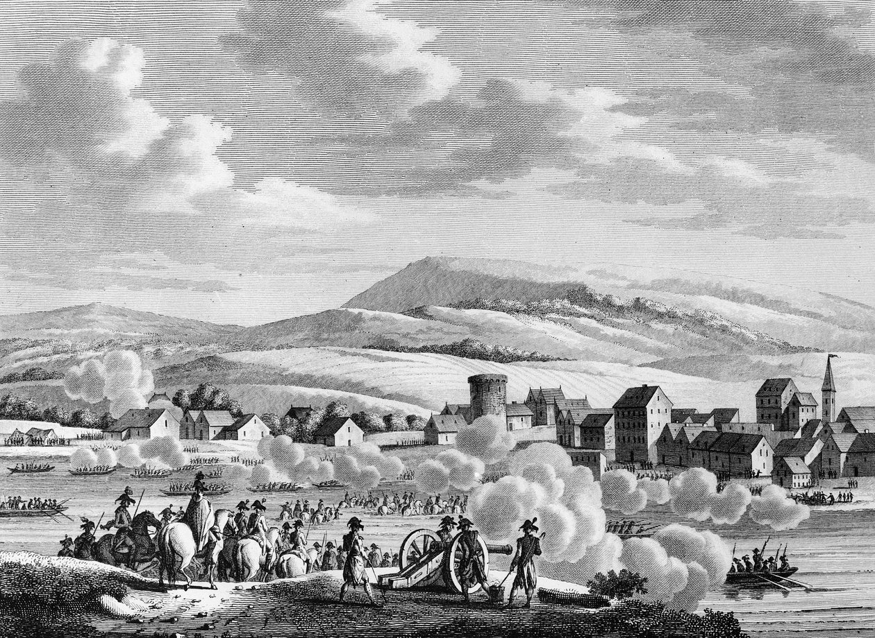 Fransk uafhængighedskrig og antirevolutionære bevægelser: Franske tropper passerer Rhinen til Düsseldorf, Tyskland, den 20. Fructidor An III (6. september af School French