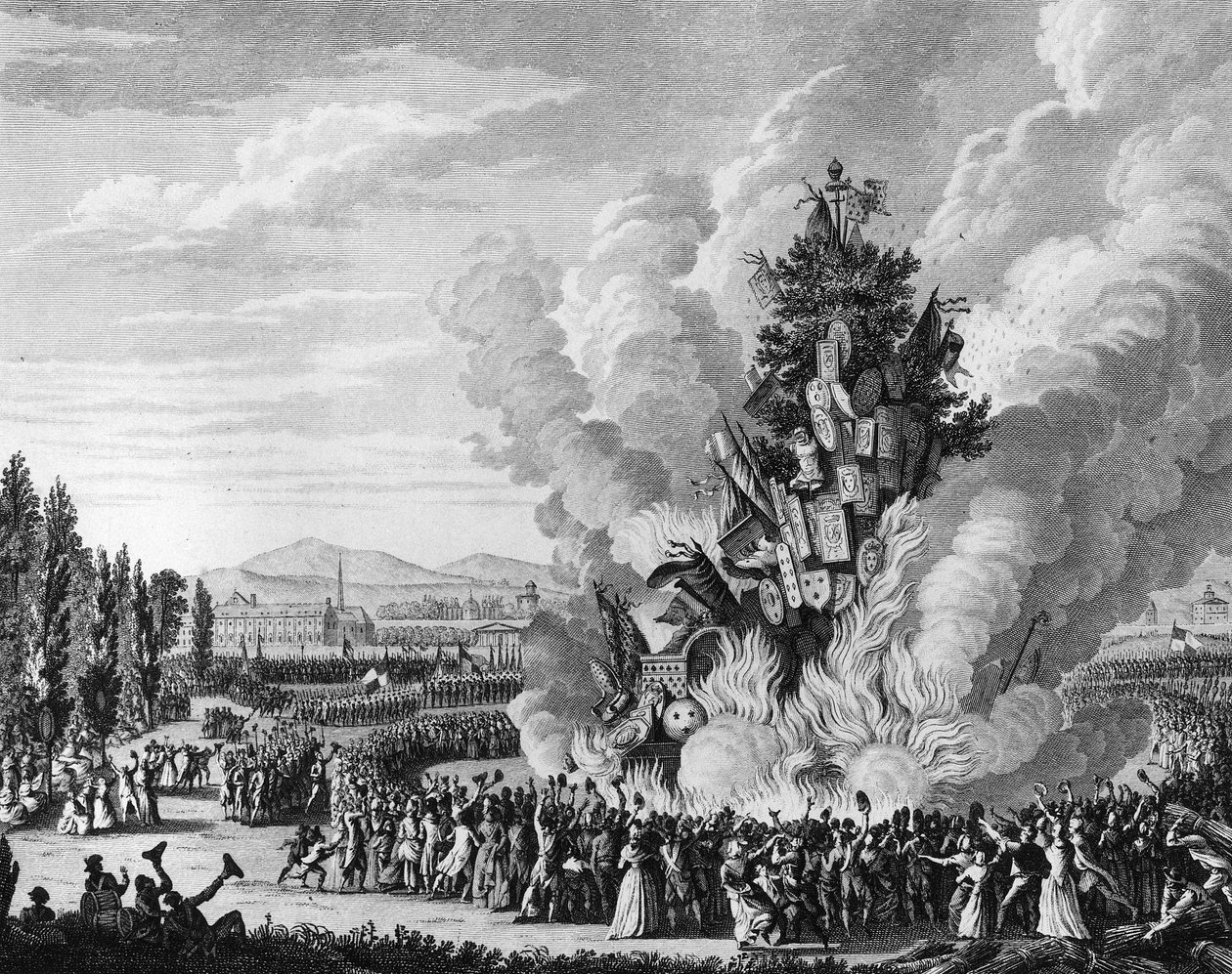 Fransk revolution: minde om erobringen af Bastillen den 14. juli 1792 med en stor bucher, der brændte monarkiets symboler fra Tuileri-paladset. Paris, bibliotek for Institut for Revolutionshistorie af School French