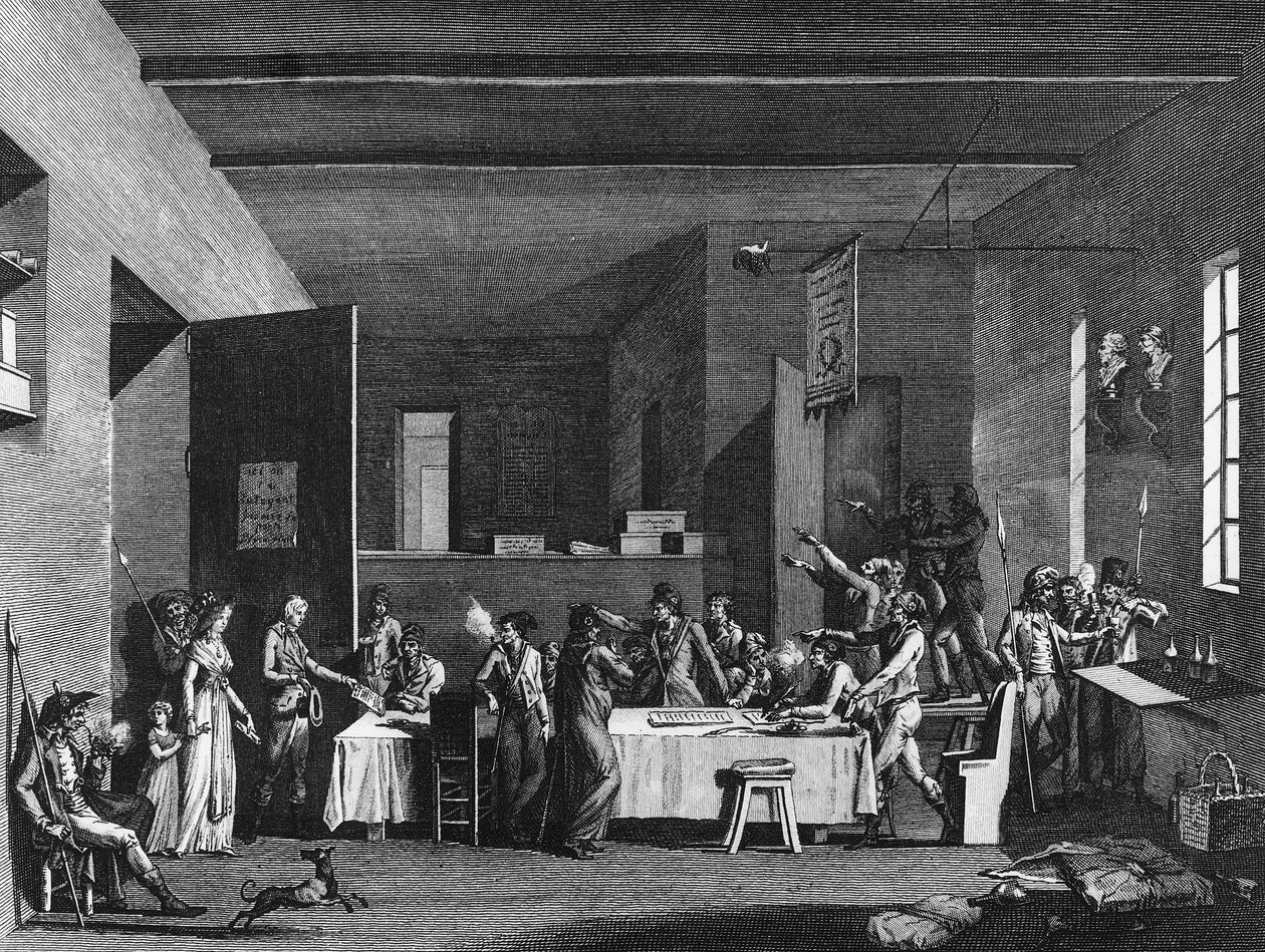 Fransk revolution og antirevolutionær bevægelse: Interiør af en revolutionær komité under terror år 1793-1794. Paris, biblioteket for Institut for Revolutionshistorie af School French