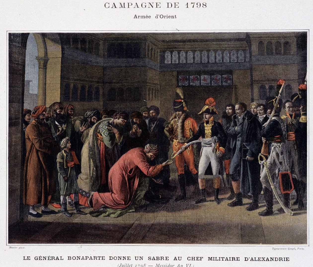 General Bonaparte giver et sværd til den militære leder af Alexandria - i "" Victoires et Conquêtes des Armees Francaises", Paris, n.d. af School French