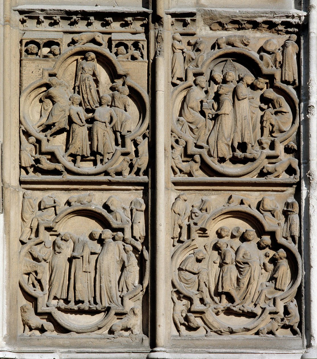 Gotisk kunst: undervisningsscener. Detalje af sydportalen til Cathedrale Notre Dame (Notre-Dame) i Paris af School French
