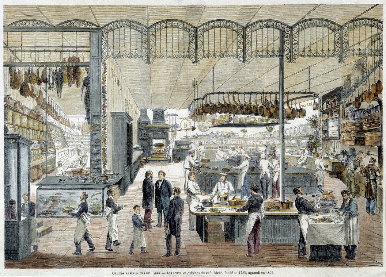 Fantastiske restauranter i Paris: de nye køkkener i Café Riche, grundlagt i 1785, udvidet i 1865. af School French