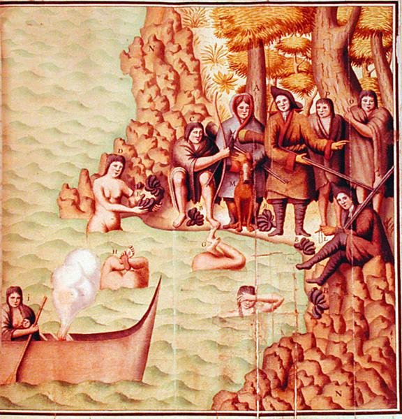 Indianere fra Magellan-strædet med franske opdagelsesrejsende, illustration fra 