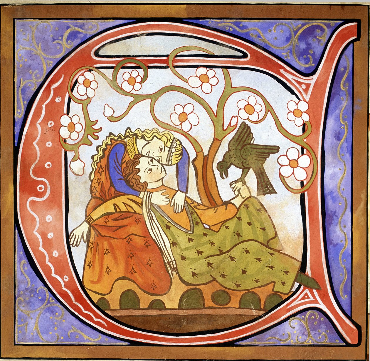 Inhabited Initial A forestiller en trubadur (farve litho) af School French
