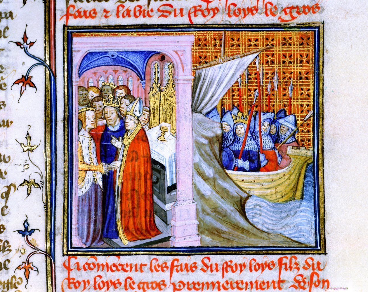Ægteskab mellem Eleonore af Aquitanien og Ludvig VII af Frankrig (1137) til venstre, og afrejse til det andet korstog 1147-1149, fra 
