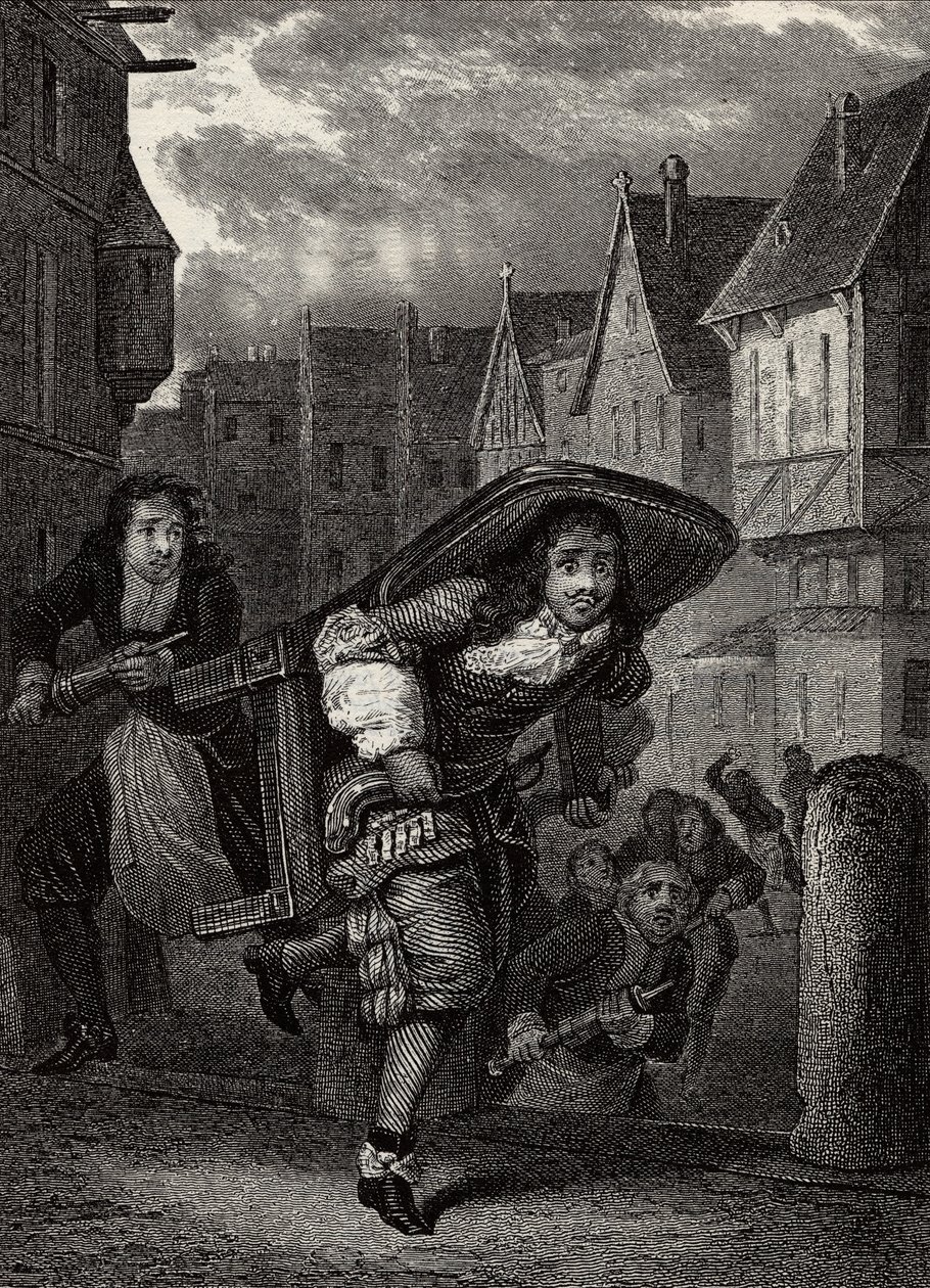 "" Monsieur de Pourceaugnac""" Gravering fra "" værker" af den engelske forfatter Moliere - Scene fra skuespillet "" Monsieur de Pourceaugnac"" af Jean-Baptiste Poquelin dit Moliere (Jean Baptiste Poquelin af School French