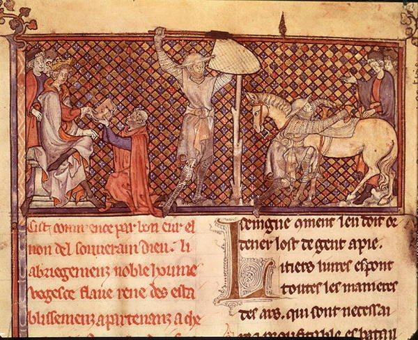 Ms 332 fol.1 Jean de Meung (1240-1305) tilbyder sin bog til greven af Eu og en ridders afgang, fra 