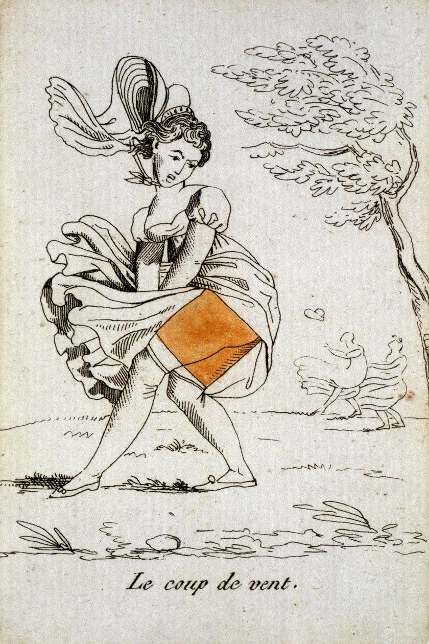 Gammelt kort at spille: diamant-es - "" Vindstødet""" løfter en kvindes nederdel. Musée de la Carte à Joucher, Issy-les-Moulineaux. af School French