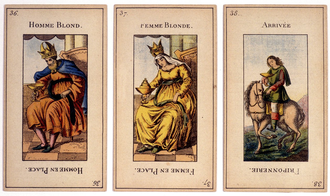Gamle spillekort, der forestiller kongen ""blond mand"", dronningen ""blond kvinde"" og ankomsten ""friponnerie""". Kort Museum i Joulier, Issy-les-Moulineaux. af School French