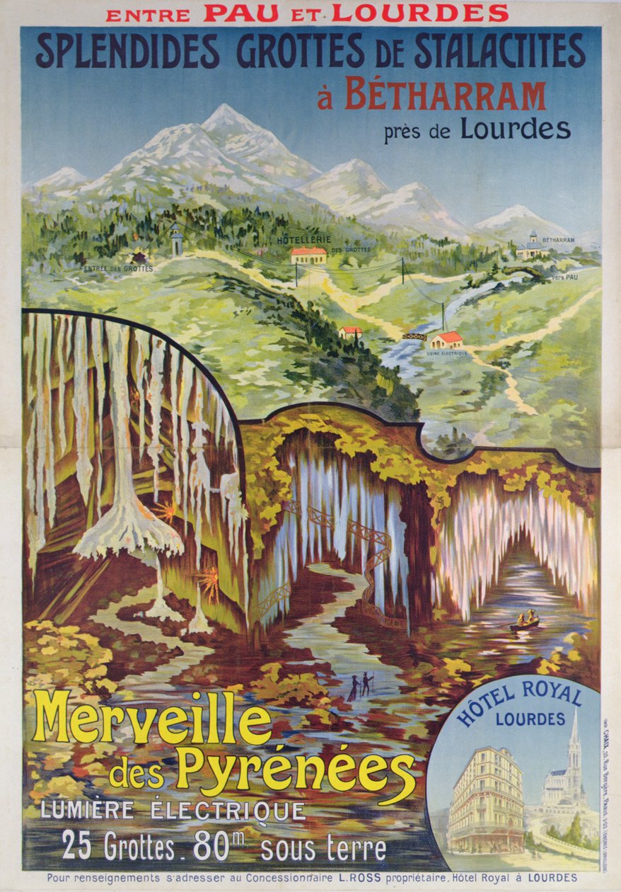Plakat, der reklamerer for Betharram-hulerne, Pyrenæernes vidundere, mellem Pau og Lourdes, ca. 1900 (farve litho) af School French