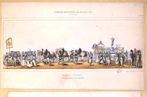 Procession af Meuniers-Fariniers (Millers) i Strasbourg, 25. juni 1840 (farve litho) af School French