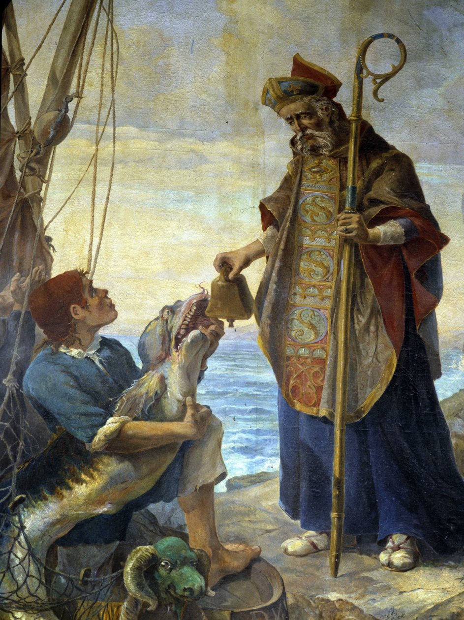 St Pol de Leon modtager af en fisk på øen Batz klokken, som kong Mark havde nægtet ham i Ouessant, v. 530 - maleri af Morlaix kirke af School French