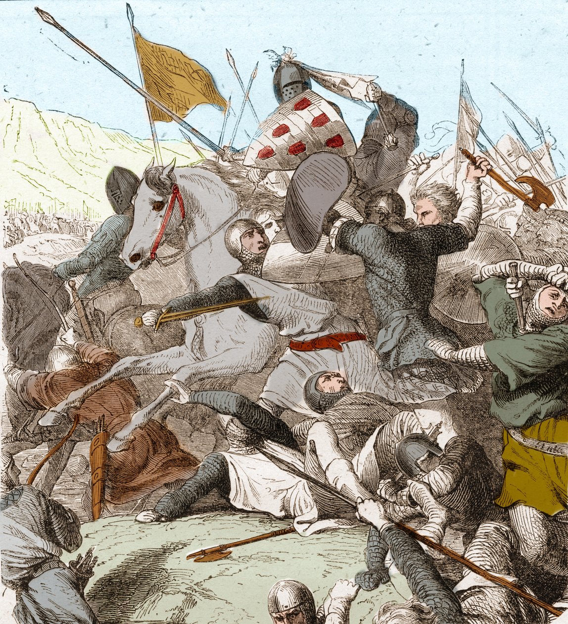 Slaget ved Hattin, 4. juli 1187 (farve litho) af School French