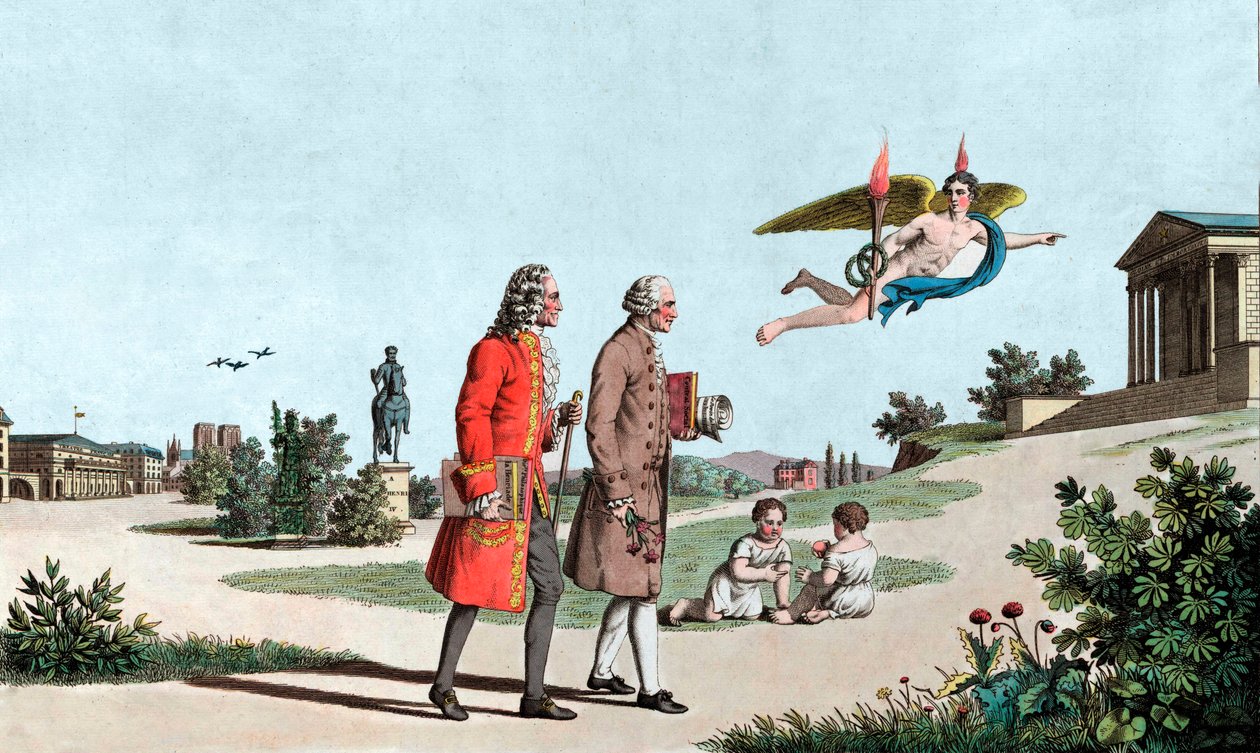 The Spirit of Voltaire og Jean Jacques Rousseau fører dem til Immortality Temple - the Genie of Voltaire (François Marie Arouet, dit Voltaire af School French