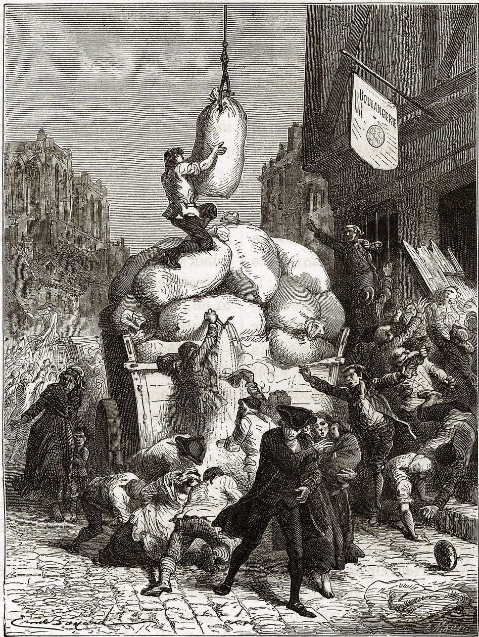 The War of Flours: Plyndring af bagerier i Paris, omkring 1775 (første frugter af den franske revolution) af School French