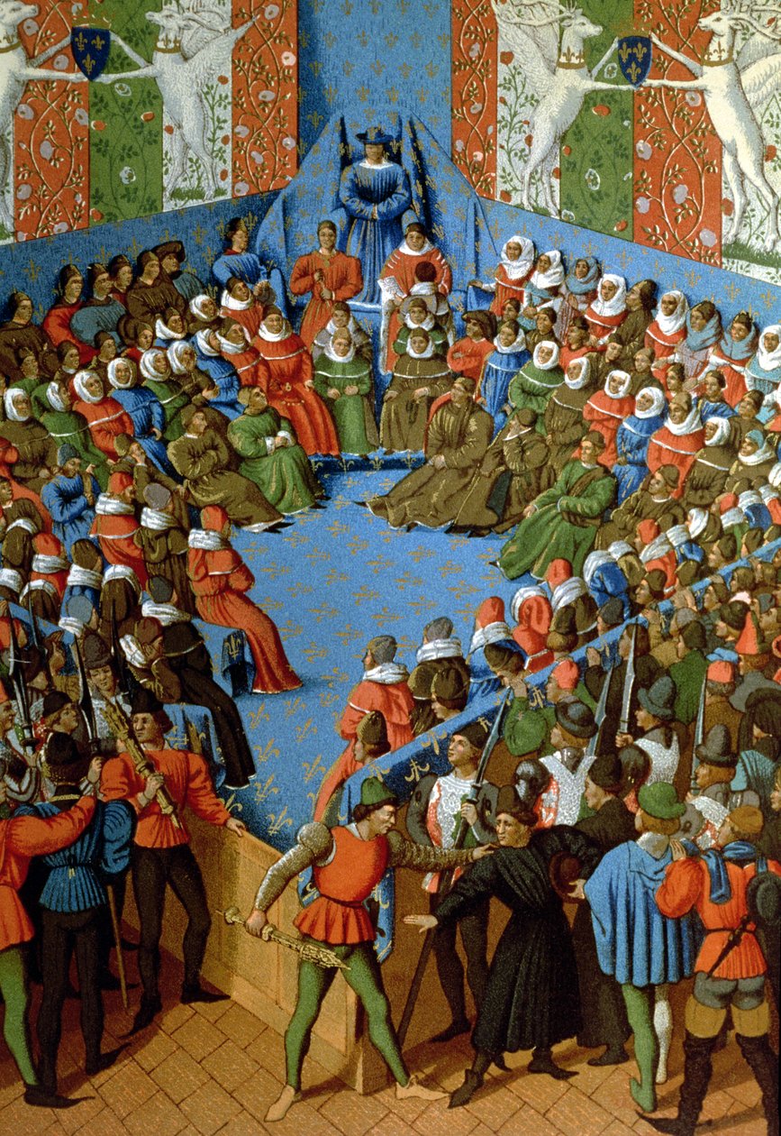 Dom over Jean, hertug af Alencon, anklaget for at have konspireret med englænderne mod franskmændene, faksimile af et manuskript fra det 15. århundrede af Jean Fouquet (farve litho) af School French