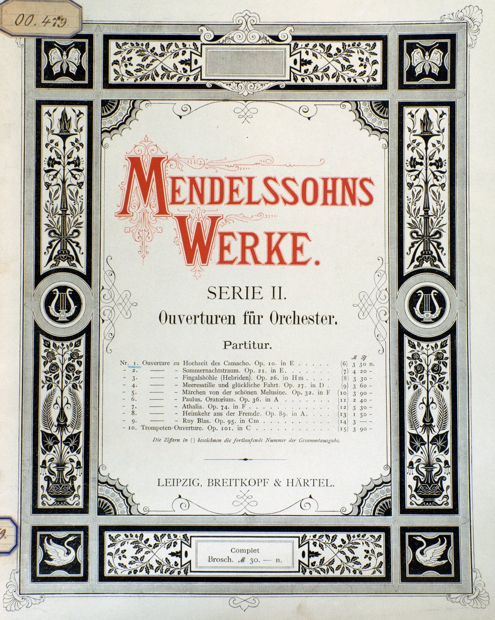 Cover til partituret "Ouverture Op. 10 for orkester" af Felix Mendelssohn (farve litho) af School German