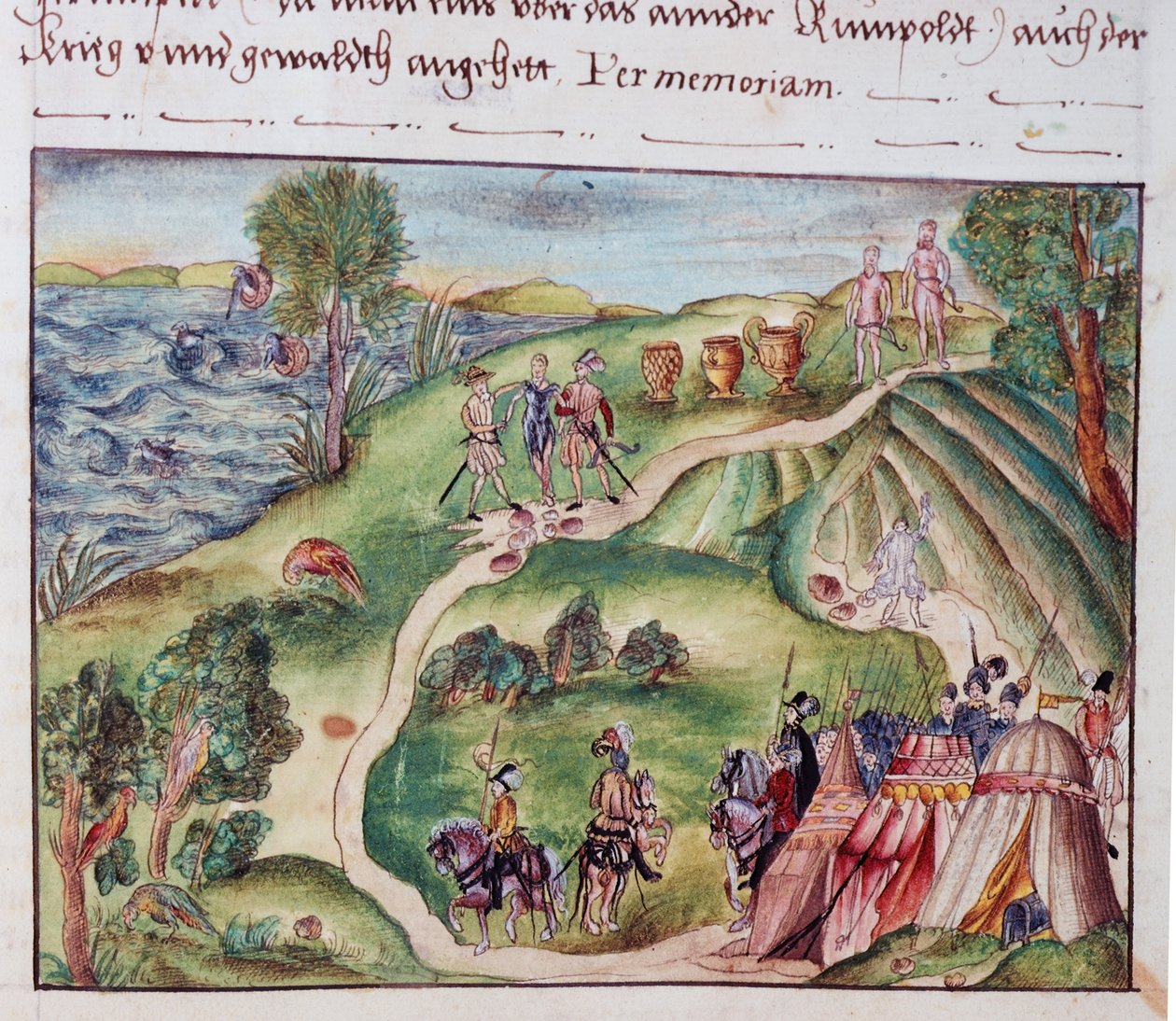 MS Add.15217 fol.40 Et venezuelansk landskab med en spansk lejr, fra en samling af erindringer fra Coeler-familien, Nürnberg af School German