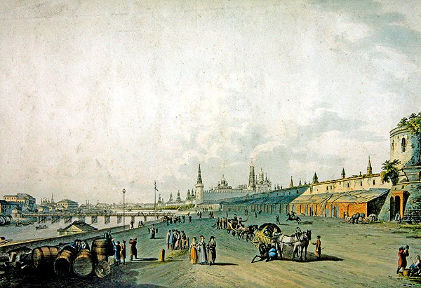 Moskva, udsigt over Kreml og Moskva-kajen (gravering med akvarel) af School German