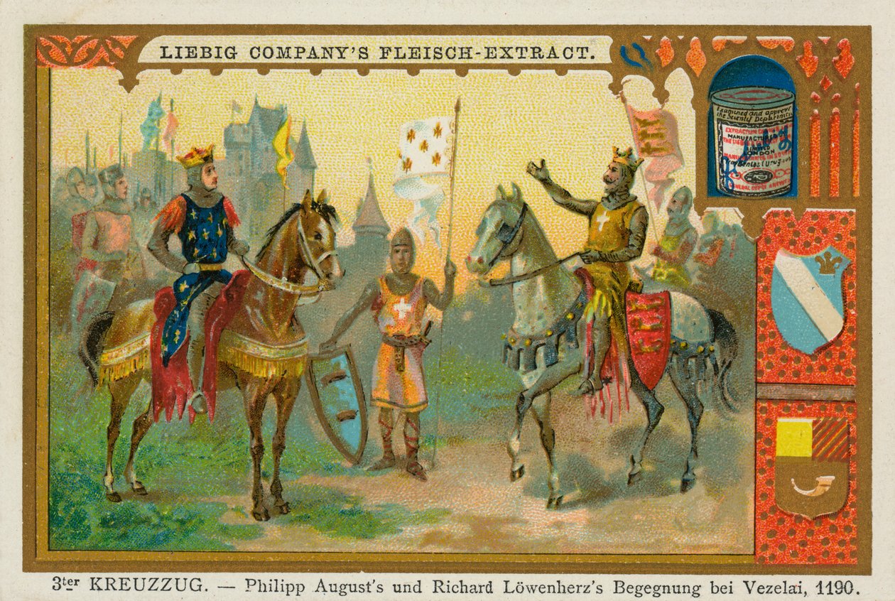 Philip II Augustus og Richard Løvehjerte ved Vézelay, tredje korstog, Liebig-kort (tryk) af School German