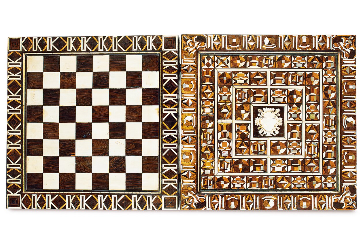 Sydtysk intarsia-spilæske, fra Augsburg eller Nürnberg, slutningen af det 16.-begyndelsen af det 17. århundrede (ibenholt, elfenben, perlemor, valnød og frugttræ) af School German