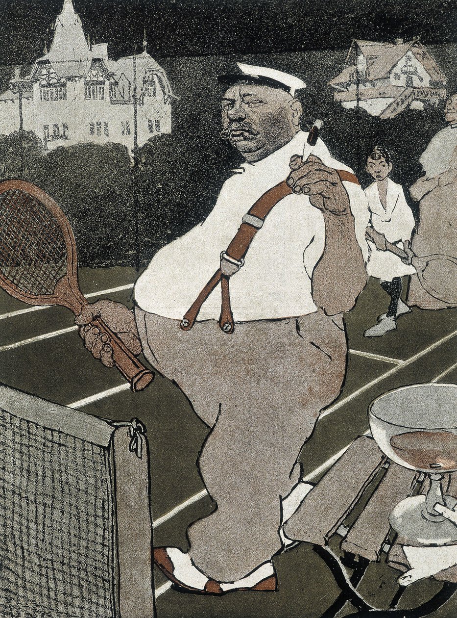 Tennis: tyk mand, ryger og drikker alkohol, spiller tennis - tysk tegneserie af School German