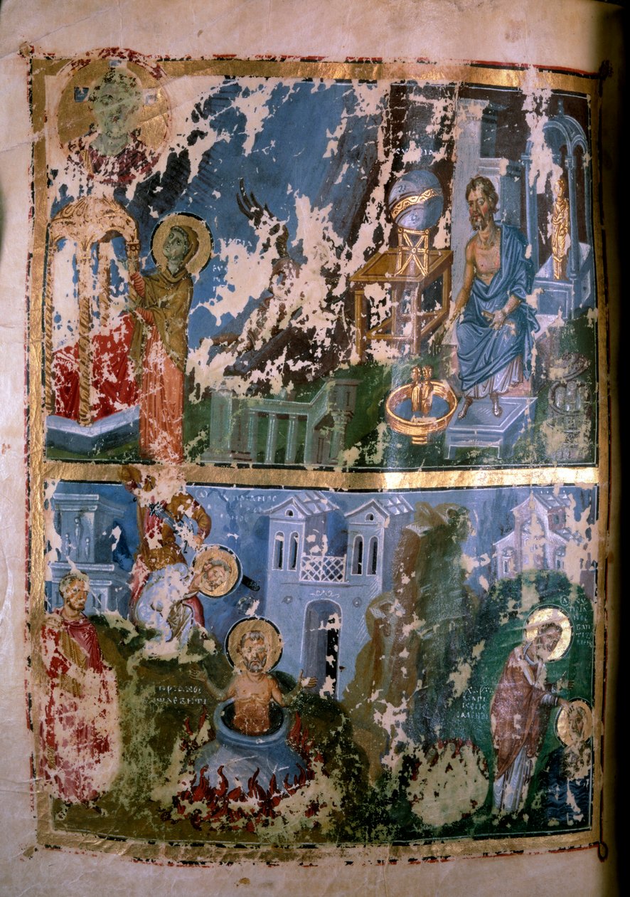 Scener fra Saint Cyprians liv. Miniature i "" Homelies. Orationes"" af Saint Gregoire af Byzans af Nazianze (eller Naziance) (328-390), 879-882. græsk manuskript. Paris, NL af School Greek