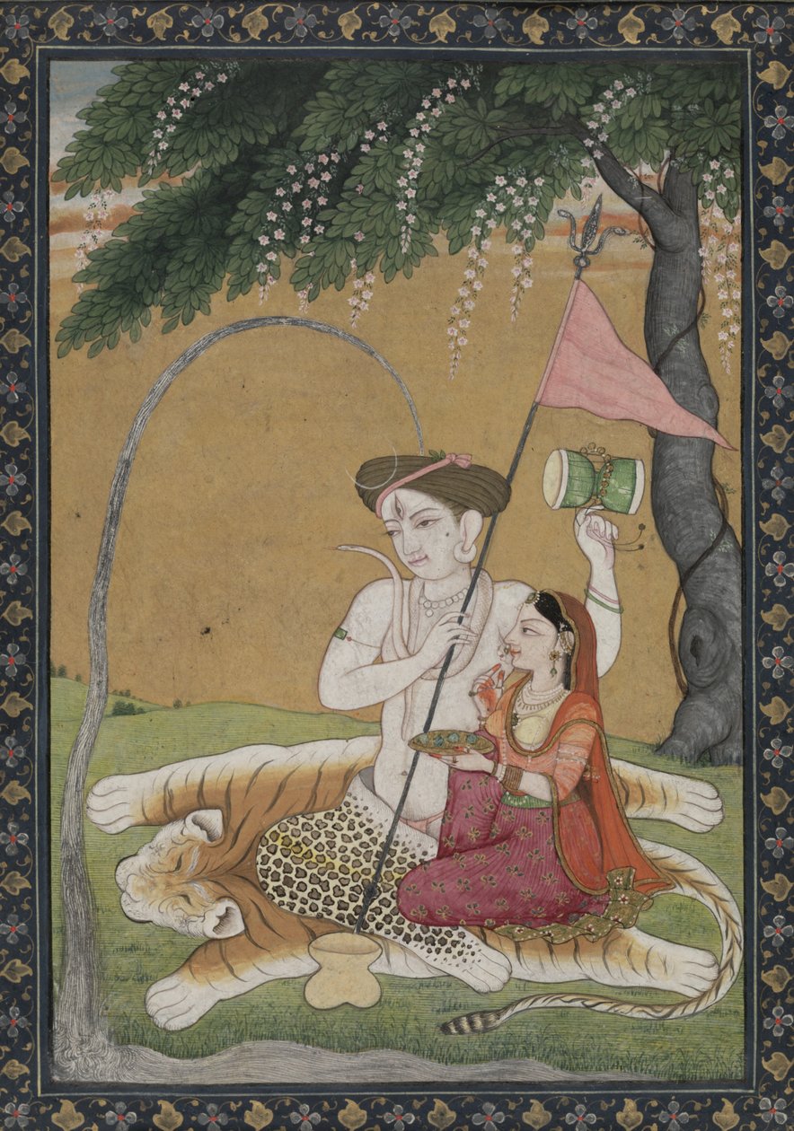 Shiva og Parvati på tigerskind, ca. 1800 (akvarel med guld og sølv) af School Guler