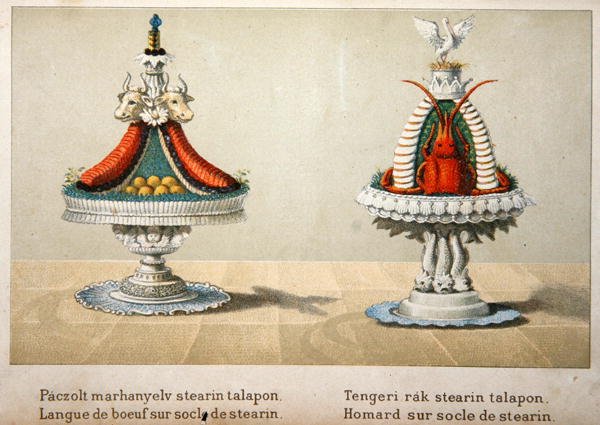 Design til præsentation af oksetunge på en seng af stearin og til hummer, illustration fra en ungarsk kogebog om fransk madlavning, ca. 1880 (farve litho) af School Hungarian