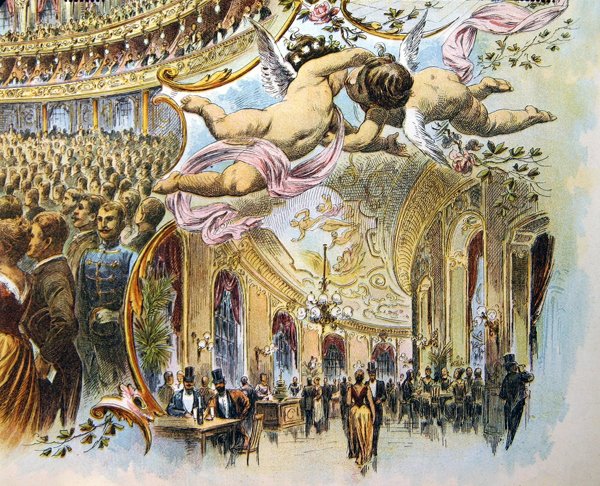 Promenade af Somossy Orfeum i Budapest, slutningen af det nittende århundrede (farve litho) af School Hungarian