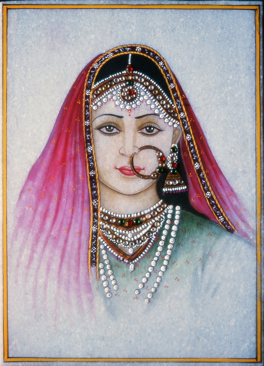 A Rajasthani Lady (gouache og akvarel på marmorplade) af School Indian