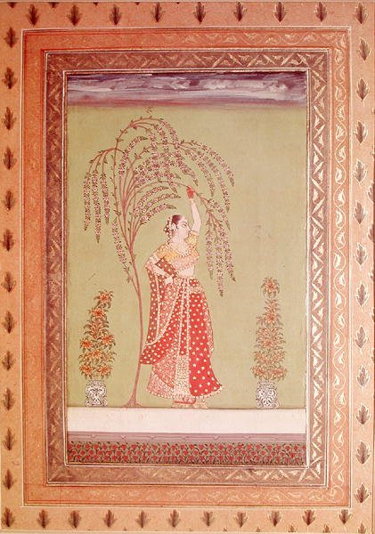 En kvinde under et træ (gouache på papir) af School Indian