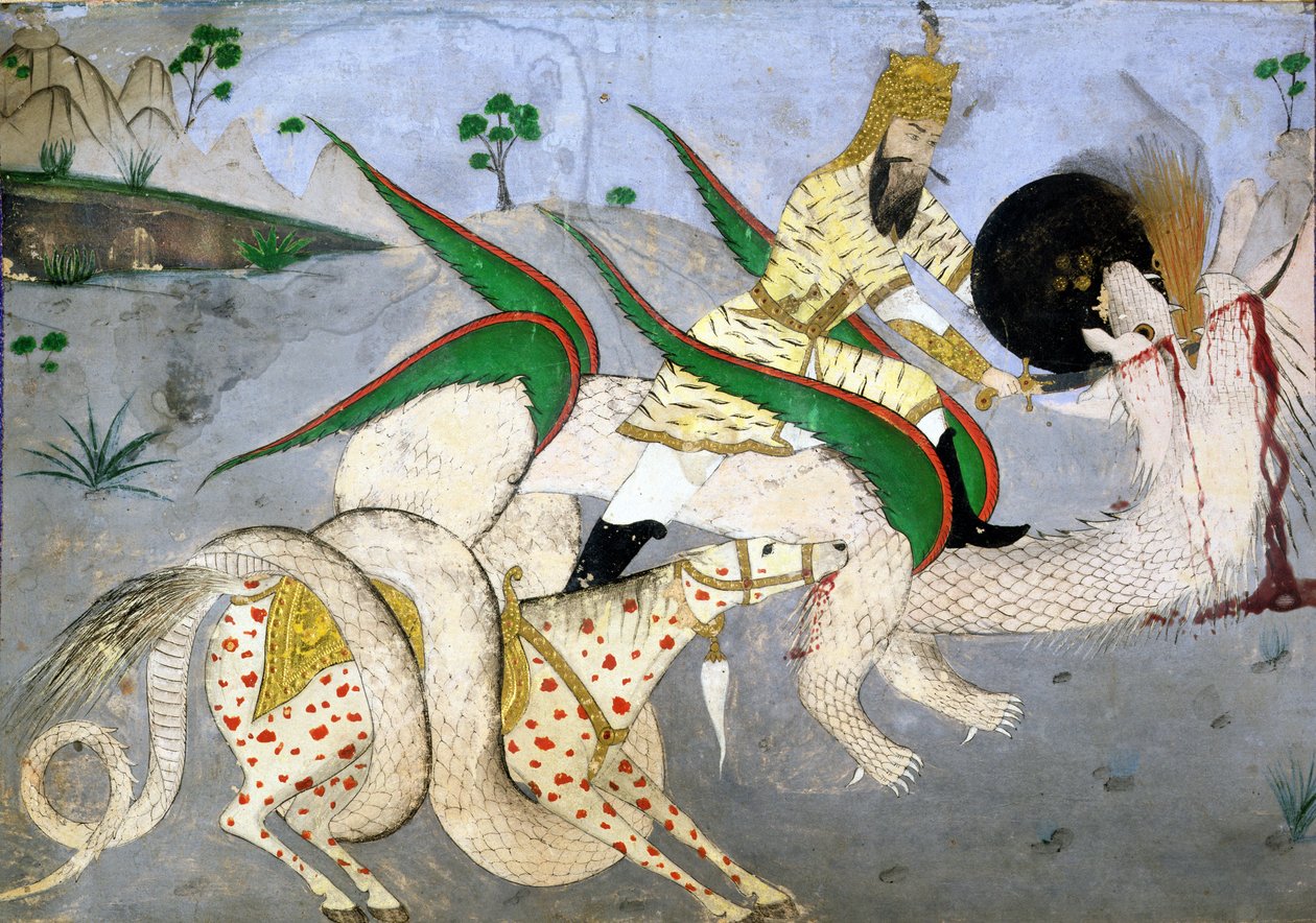 En monteret kriger, der angriber en drage, illustration fra en bog om indiske mystikere (blæk på papir monteret på kort) af School Indian